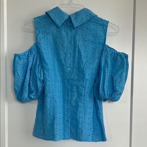 Blue Eyelet Cold Shoulder Top - L